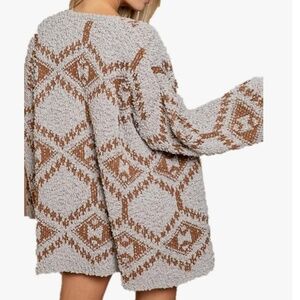 POL Gray & Brown Waterfall Aztec Open Drape Cozy Cardigan Sweater Size M EUC